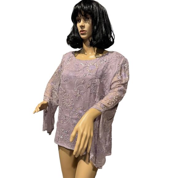 Adrianna Papell Occasions silk Lavender sequin beaded sheer sleeve top size 20W - Picture 3 of 15